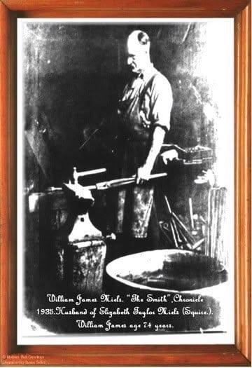 William James Miels at his anvil, 1935